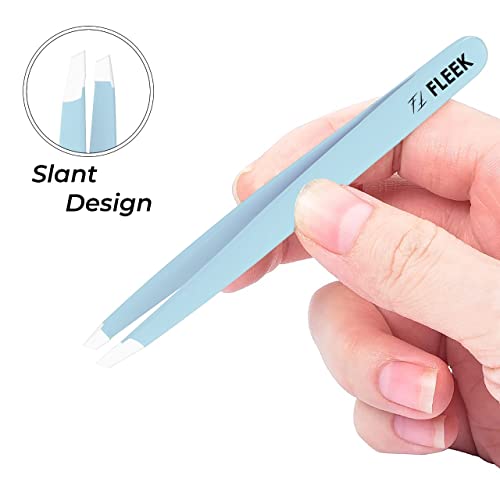 Fleek Eyebrow Tweezers Professional Best Stainless Steel Precision Tweezers Slanted Tweezers for Facial Hair Women & Men (Sky Blue)