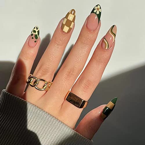 RUNRAYAY Medium Length French Tips Press on Nails with Designs, Nude White Acrylic Nails Press On, Stick on Nails for Women, Glue on Nails Fake N