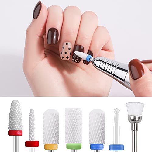 Homeet 7Pcs Ceramic Nail Drill Bit Set, 3/32 Inch Ceramic Drill Bits for Cuticle Electric Nail Cutter, Professional Safety Nail Drill Bits for Ac
