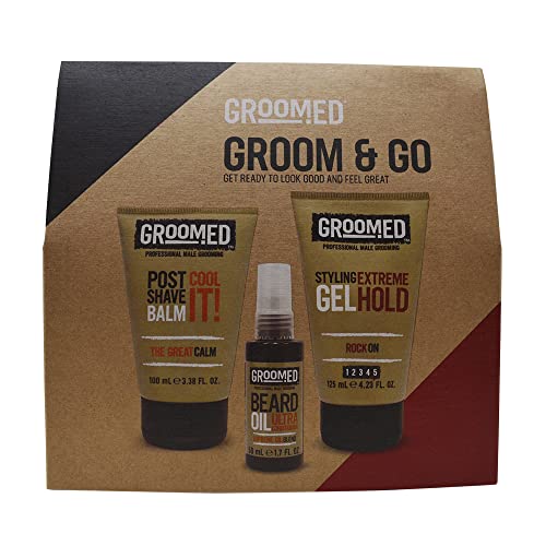 Groomed Groom & Go Set (Post Shave Balm, Bear Oil & Gel Hold) - The Essential Edit of Skin & Haircare. Get Ready to Look Good & Feel Great