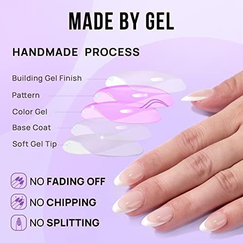 French Tip Short False Nails - BTArtbox Almond Press on Nails with Glue, 30Pcs Soft Gel Fake Nails in 15 Sizes, Reusable Semi-Transparent Stick o