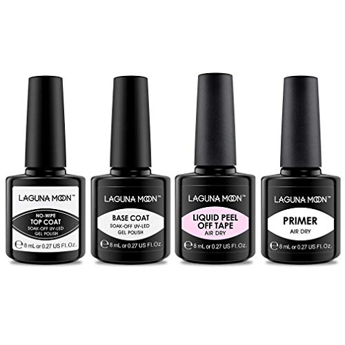 LagunaMoon Gel Nail Polish Base Coat and No Wipe Top Coat Gel Polish Set Soak Off UV LED Nail Varnish Lacquer Manicure Set 2 × 8ml