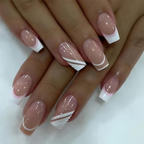 False Nails Medium Length, Acrylic French Stick on Nails, 24pcs Almond Pink Press On Nails with Glue Elegant Ballet Heart Design Sweet Fake Nails