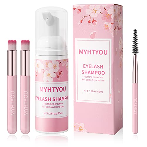 Eyelash Extension Cleanser, Eyelash Extension Shampoo 60ml+2 Cleansing Brushes+Mascara Wand Eyelash Foam Cleanser For Extensions and Natural Lash