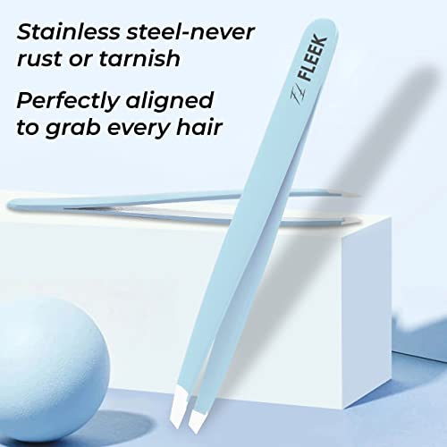 Fleek Eyebrow Tweezers Professional Best Stainless Steel Precision Tweezers Slanted Tweezers for Facial Hair Women & Men (Sky Blue)