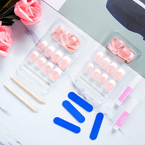 Kiiwah 48pcs French False Nails with Glue, Short Medium Fake Nails Nude Artificial Full Cover Nail Tips in 12 Different Sizes with Nail Files, Ma