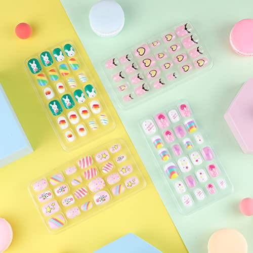 96Pcs Kids Stick On Nails, Kids Press on Nails False Nails Fake Nails Artificial Nail Tips Full Cover Short False Fingernails for Girls Kids Gift