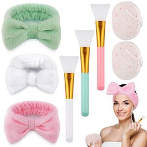 Zocipro 3 Pack Spa Headband, Facial Makeup Headbands for Women with 3 Silicone Face Mask Brush and 2 Washing Sponge, Elastic Skincare Headband Fo
