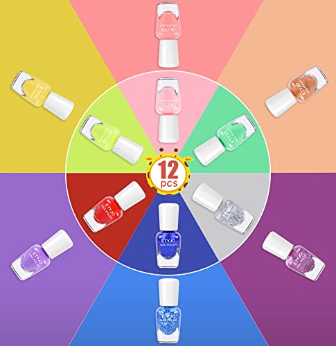 ETYJO Kids Nail Polish Set - 12 Rainbow Colors Quick Dry Peel-Off Girls Nail Varnish Sets Kids, Non-Toxic Water-Based Childrens Nail Polish with