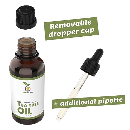 ORGANIC Tea Tree Oil 50ml with pipette, vegan – 100% pure tea tree essential oil from Australia – Treatment for blemished skin, inflammatory skin