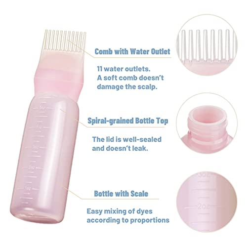 Shakeel 2 Pcs Hair Oil Applicator Bottle Hair Dye Brush Bottle for Hair 120ML Squeeze Comb Applicator Bottle with Graduated Scale (Pink)