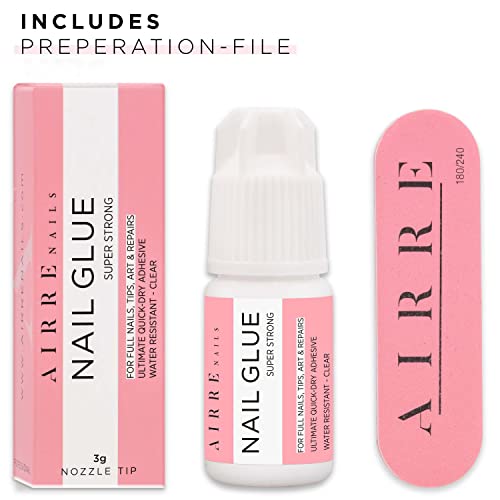 AIRRE Extra Strong Nail Glue for Acrylic Nails, Nail Tips & Press-On Nails (3ml) Precision Tip Nail Glue & File for Glue-On Fake Nails, Fix Broke