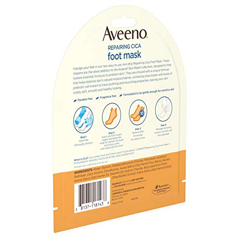 Aveeno Repairing CICA Foot Mask with Prebiotic Oat and Shea Butter, Moisturizing Foot Mask for Extra Dry Skin, 1 Pair of Single-Use Slippers
