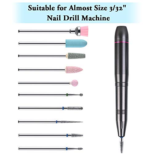 URAQT Nail Drill Bits Set, 10 pcs Electric Nail Drill Bits Kit 3/32", Professional Cuticle Polishing Bits for Acrylic Gel Nails, Electric Nail Fi