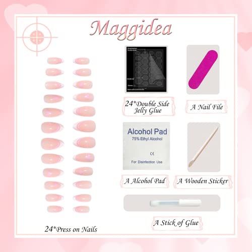 False Nails Medium Length, Acrylic French Stick on Nails, 24pcs Almond Pink Press On Nails with Glue Elegant Ballet Heart Design Sweet Fake Nails