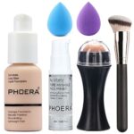 6PCS Liquid Foundation Set Matte PHOERA Liquid Full Coverage Foundation with Face Primer Volcanic Stone Oil Rollers Foundation Brush Makeup Spong