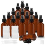BELLE VOUS Glass Amber Spray Bottles (16 Pack) - 2 Pipettes & Sticker Labels Included - 60ml / 2oz - Empty Fine Mist Bottle Sprayer - Refillable