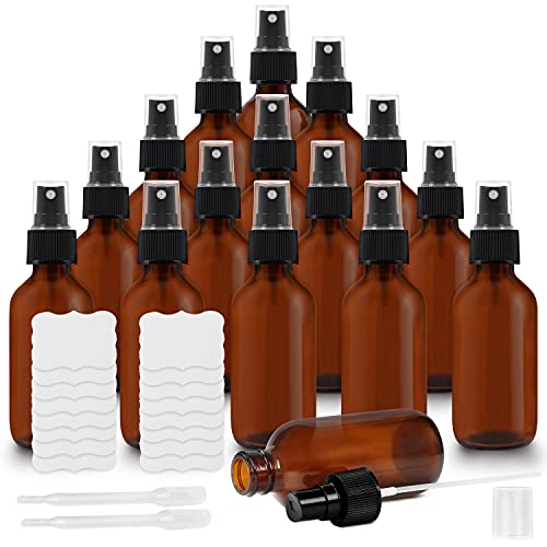 BELLE VOUS Glass Amber Spray Bottles (16 Pack) - 2 Pipettes & Sticker Labels Included - 60ml / 2oz - Empty Fine Mist Bottle Sprayer - Refillable