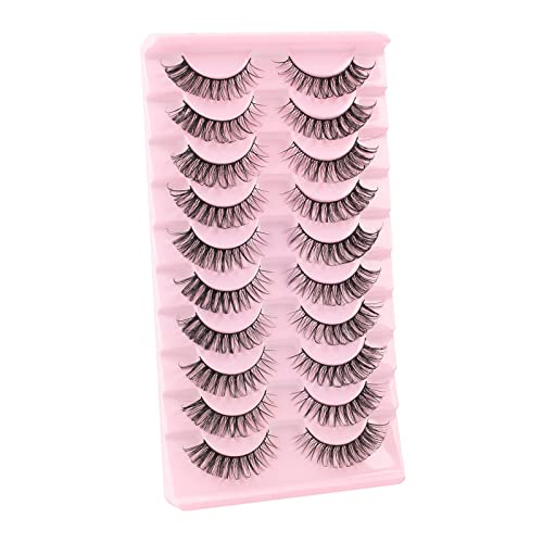 Glowingwin Cat Eye Lashes Natural Look Russian Eyelashes D Curl Russian Strip Lashes Wispy Fluffy 3D Faux Mink Lashes Hybrid Strip Lashes 10 Pair