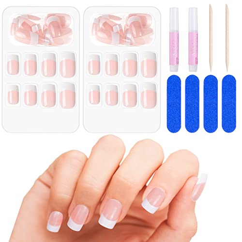 Kiiwah 48pcs French False Nails with Glue, Short Medium Fake Nails Nude Artificial Full Cover Nail Tips in 12 Different Sizes with Nail Files, Ma