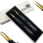 Leenax 2 Pieces Fiber Tip (Anti – Slip) Eyelash Extension Tweezers, Straight and 45-Degree Volume Tweezers, Japanese Stainless Steel, Hearts Desi