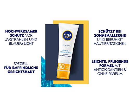 Nivea Sun UV Face Sensitive Sun Cream 50 ml Pack of 1 x 50 ml for Sensitive Skin Sun Protection Soothes Skin Irritations