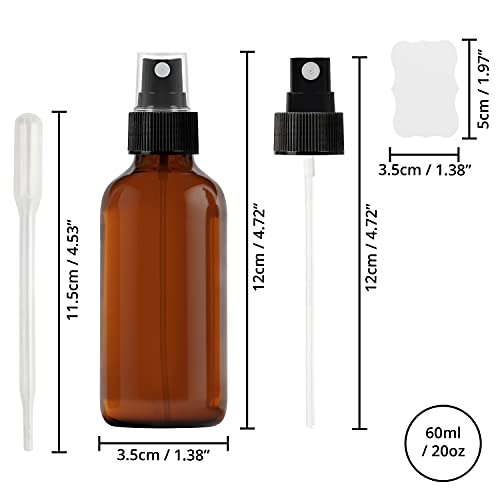 BELLE VOUS Glass Amber Spray Bottles (16 Pack) - 2 Pipettes & Sticker Labels Included - 60ml / 2oz - Empty Fine Mist Bottle Sprayer - Refillable