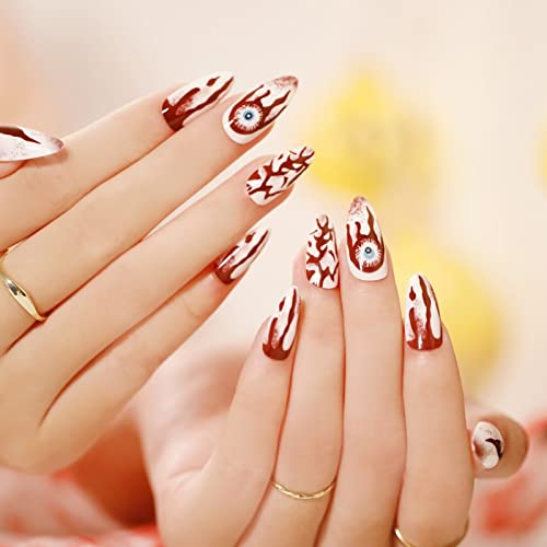 RUNRAYAY Medium Length French Tips Press on Nails with Designs, Nude White Acrylic Nails Press On, Stick on Nails for Women, Glue on Nails Fake N