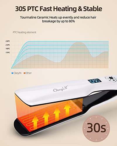CkeyiN Hair Straighteners Wide Plates, Tourmaline Ceramics Professional 1.8 inch Flat Iron with LCD Display 12 Speed Temperature Control, Dual Vo