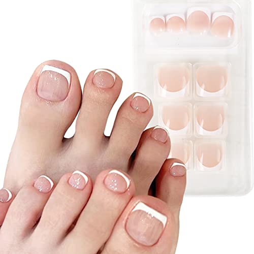 24pcs French False Toenails Tips Stick on Toenails Natural Press on Toenails Nude Short Fake Toe Nails for Women ToeNail Decorations (White)