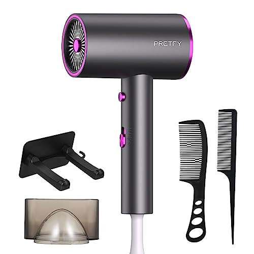 Pretfy Travel Hairdryers, 2000W Lightweight Hair Dryer for Women, Professional Ionic Blow Dryer with 2 Speeds, 3 Heating and Cool Button, Portabl