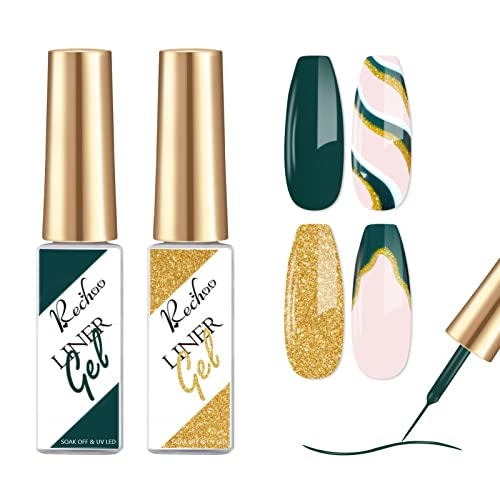 Rechoo Liner Nail Gel Polish-10ML*2 Gold & Silver Glitter Gel Nail Polish for Fineliner Nail Art, French Manicure Nail Polish, UV Shellac Color G