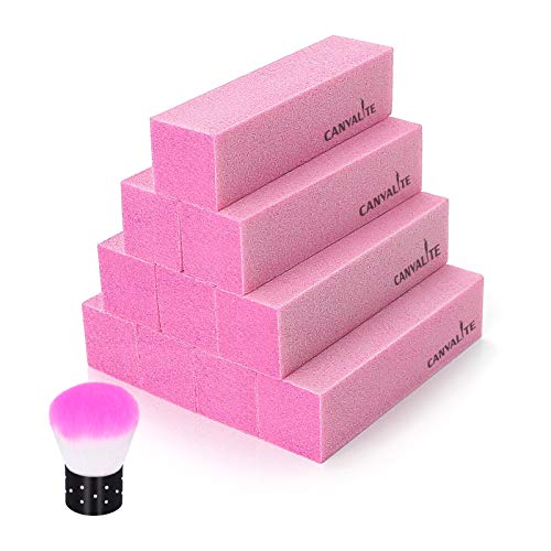 Canvalite 10Pcs White Nail Buffer Block with Nail Brush, 120 Grit Professional Salon Nail Buffer Block for Gel Nails
