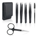 URAQT Eyebrow Tweezers Set, 6 Pieces Professional Stainless Steel Precision Tweezer Eyebrow Scissors Eyebrow Brush Kit with Leather Storage Case,