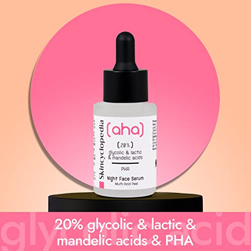Skincyclopedia AHA Exfoliating Night Serum with 20% Lactic, Glycolic and Mandelic Acid and PHA - Chemical Peel Solution for Spots, Hyperpigmentat