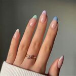 24pcs False Nails with Glue - Medium Length French Press on Nails - Colorful Edge Stick On Nails - Elegant Nude Pink Fake Nails for Women Girls