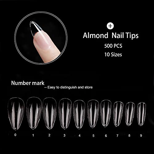 Almond Shaped Nail Tips 500Pcs Clear Acrylic Medium Nails Full Cover with Case for DIY Nail Art, 10 Sizes