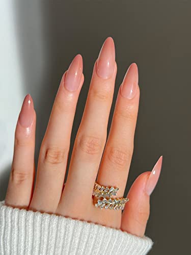 JUSTOTRY 24 Pcs Nude Short False Nails Almond,Gradient Pink Press on Nails Pattern,Glossy Fake Nails Short with Nail Glue,Oval Stick on Nails for
