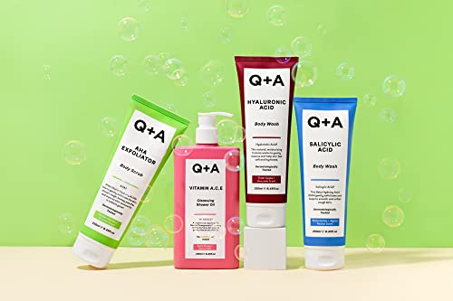 Q+A AHA Exfoliator Body Scrub for Rejuvenating Body Care, a blend of AHA’s Lactic Acid and Glycolic Acid combined with exfoliants, improves skin