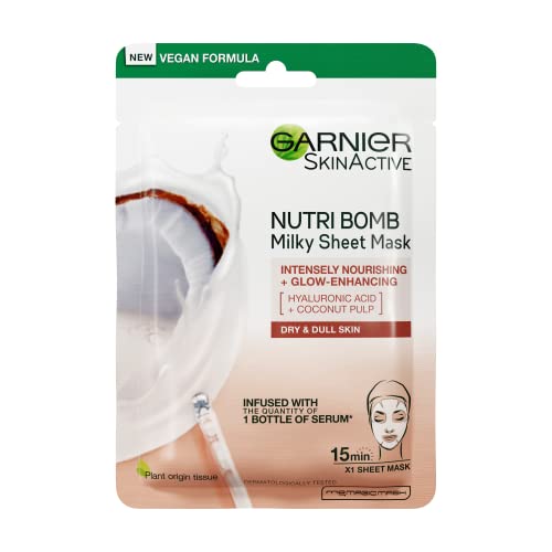 Garnier Nutri Bomb Milky Sheet Mask, With Almond Milk and Hyaluronic Acid for Hydrated Glowing Skin, Intensely Nourishing & Restoring Milky Face