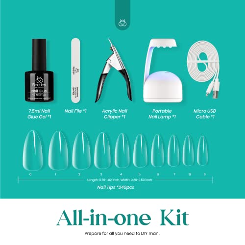 Beetles Easy Gel Tips Nail Extension Kit, 2 In 1 Nail Glue Gel Base Coat with Pre-shaped Medium Almond Nails and U V LED Nail Lamp Acrylic Nail C