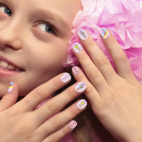 96Pcs Kids Stick On Nails, Kids Press on Nails False Nails Fake Nails Artificial Nail Tips Full Cover Short False Fingernails for Girls Kids Gift