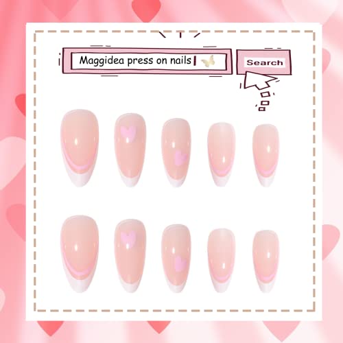 False Nails Medium Length, Acrylic French Stick on Nails, 24pcs Almond Pink Press On Nails with Glue Elegant Ballet Heart Design Sweet Fake Nails