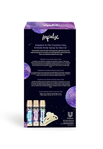 Impulse Reach For The Stars Fragrance & Hair with a Pearly Iridescent Hair Claw Clip Christmas Body Spray Gift Set Perfect Gifts for Her, 3 Piece