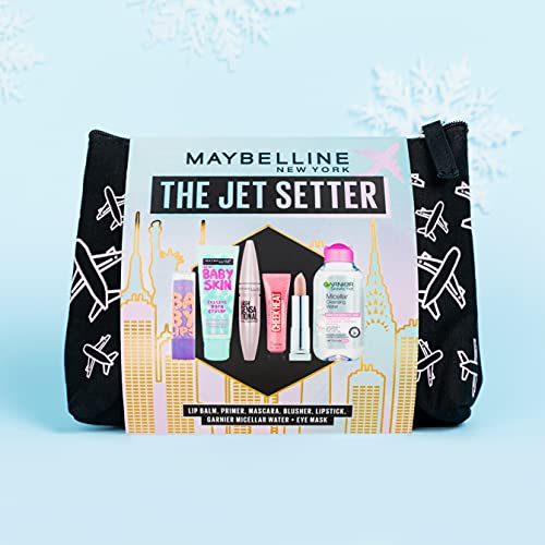 Maybelline 6x piece Makeup Kit 'Jet Setter', Primer, Mascara, Lipstick, Lip Balm, Liquid Blush & Micellar Water Set, Travel Kit, For Cosmetic Lov