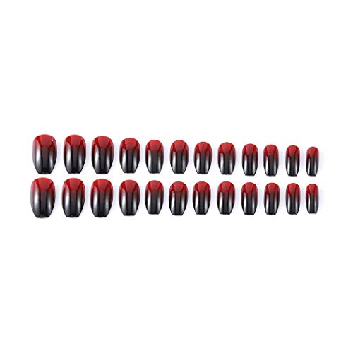 Jovono Gradient Oval False Nails Glossy Black Red Fake Nails Long Hand Nails Artificial Full Cover Nails for Women and Girls (24PCS)