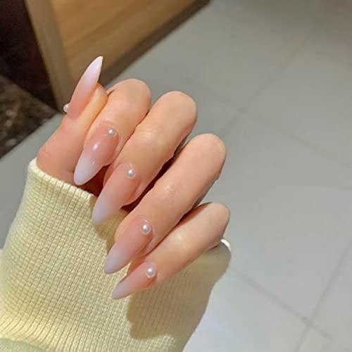 JUSTOTRY 24 Pcs Nude Short False Nails Almond,Gradient Pink Press on Nails Pattern,Glossy Fake Nails Short with Nail Glue,Oval Stick on Nails for