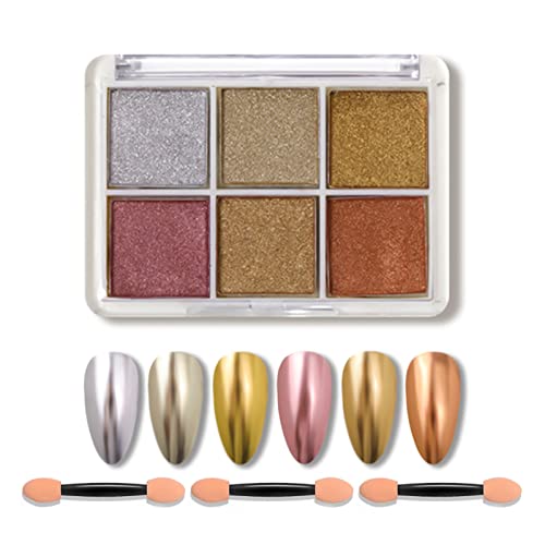 Chrome Nail Powder,6 Color Mermaid Neon Nail Glitters Powder Gel Polish Metallic Nail Art Pigment Powder Set with Nail Sponge Brushes for Nail Ar