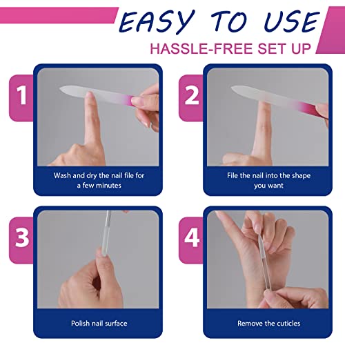 Cobee 4 Pcs Glass Double Sided Nail File, Fingernail Files and Cuticle Pusher Crystal Nail Files Double-Sided Etched Fingernail Glass Nail Files