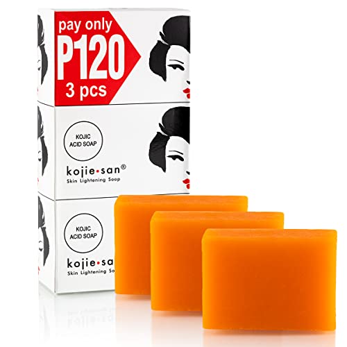 Kojie San Skin Lightening Kojic Acid Soap 3 Bars - 100g Fades Age Spots, Freckles, and Other Signs of Sun Damage and Heals Acne Blemishes and Era